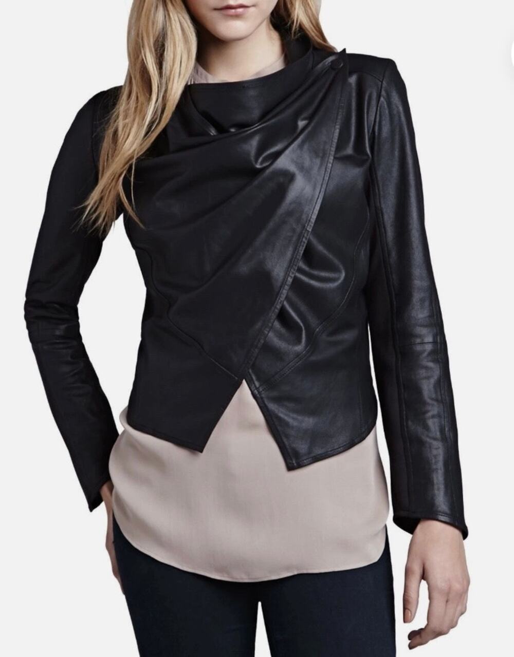 LAMARQUE Madison Drape Leather Jacket Black Crossover Moto Biker Sz L *Read4Size